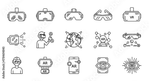 Set of outline vector icons representing virtual reality (VR) and augmented reality (AR) technologies, isolated on a clean white background. This comprehensive icon set includes VR headsets, AR