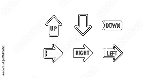 Collection of six outline arrow icons with text labels: UP, DOWN, RIGHT, and LEFT. These versatile vector graphics feature editable strokes and are perfect for infographics, articles, books, flyers