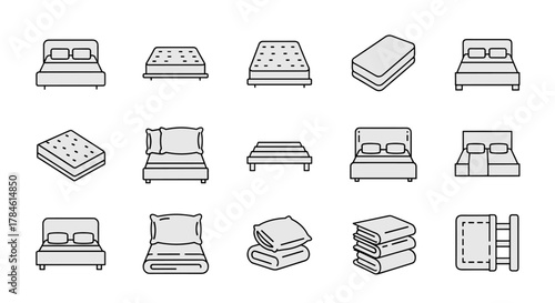 Collection of thin line icons representing beds, mattresses, pillows, and folded blankets, perfect for web design, books, cards, and apps. This editable stroke vector cartoon illustration on a white
