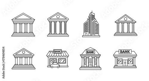 Collection of bank building outline icons, featuring classical architecture, modern skyscrapers, and smaller branches with 'BANK' signage, perfect for infographics, articles, books, flyers, and