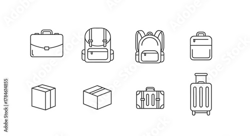 Collection of line art icons representing various types of bags and luggage, including a briefcase, two backpacks, a duffel bag, two shipping boxes, and a rolling suitcase, perfect for graphic and