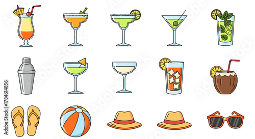 Vibrant Collection of Beach Cocktail Line Icons with Editable Stroke, Perfect for Infographics, Articles, Books, Flyers, and Banners, Vector Cartoon Illustration for Summer Holidays and Tropical