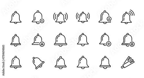 Collection of bell reminder notification icons, featuring various styles including ringing bells, bells with notification badges, and simple line art designs, perfect for UI and app development