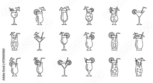 Collection of outline icons representing various beach cocktails, perfect for infographics, articles, books, flyers, and banners. This editable stroke vector cartoon illustration features a variety