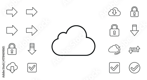 Collection of outline icons representing arrows, locks, checkmarks, and cloud storage symbols, perfect for infographics, articles, books, flyers, and banners, featuring editable strokes for versatile