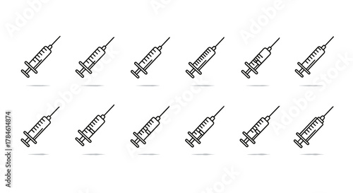A seamless pattern of minimalistic line icons featuring syringes, presented in a clean, linear pictogram style. This versatile vector graphic is ideal for web design, app interfaces, banners, social