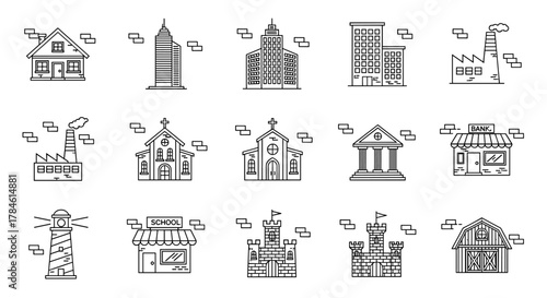 Collection of diverse building line icons, including a house, skyscraper, factory, church, bank, school, lighthouse, castle, and barn, presented with a brick wall outline effect, perfect for graphic