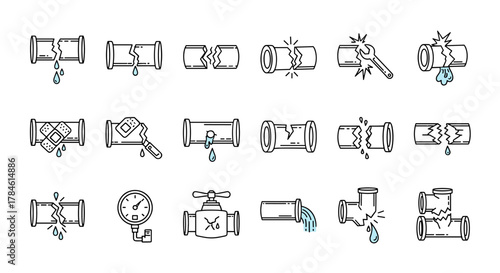Collection of thin line icons depicting broken pipes, leaks, and plumbing repairs, perfect for web, books, cards, and apps. This vector cartoon illustration on a white background showcases various