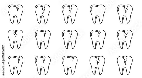 A seamless pattern of cracked tooth icons in a simple outline style, perfect for graphic design, web development, app interfaces, advertisements, and various card designs, presented as a vector