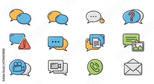 Collection of vibrant, flat-style chat and communication icons, featuring speech bubbles, video calls, messages, alerts, questions, and envelopes, perfect for graphic design, app interfaces, and