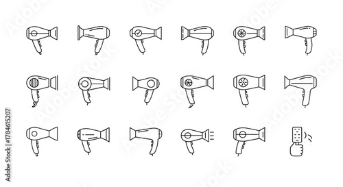 Collection of simple linear icons representing various hair dryers, showcasing minimalistic design for web, graphic design, apps, banners, social networks, and cards. This vector cartoon illustration