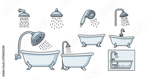 Collection of cartoon line icons representing showers and bathtubs, perfect for graphic and web design, apps, adverts, and various cards. This vector illustration features outline signs for bathroom