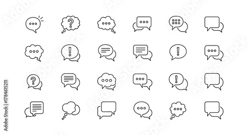 A diverse collection of minimalistic linear speech bubble icons, featuring various communication symbols like ellipses, question marks, exclamation points, and text lines, perfect for web, graphic