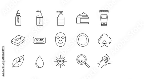 A collection of minimalistic linear icons representing skincare products and concepts, including serum bottles, soap bars, creams, face masks, cotton pads, leaves, water drops, SPF symbols