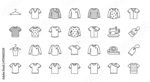 A comprehensive collection of thin line icons representing various T-shirt styles and related fashion elements, including hangers, sewing machines, and price tags, perfect for web, print, and app