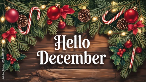 Festive hello december text with christmas ornaments and pine branches