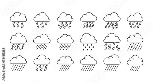 Collection of cloud icons with rain, representing different weather conditions and precipitation intensity, perfect for graphic and web design, apps, adverts, and various cards. This vector cartoon