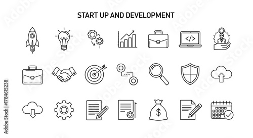 Startup and Development Vector Icon Set: A collection of clean, ordered line icons on a white background, representing key business concepts like rocket launch, lightbulb idea, gears, growth chart