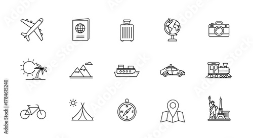 Collection of minimalist line art icons representing various travel and tourism elements, including an airplane, passport, suitcase, globe, camera, palm tree, mountains, cruise ship, taxi, train