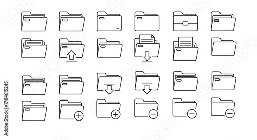 Set of minimalistic linear icons representing folders, featuring various states like open, closed, with documents, upload, download, add, and remove symbols, perfect for web and graphic design, apps
