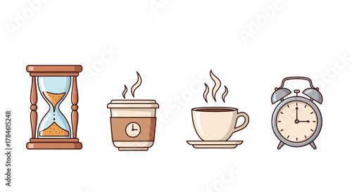 A charming cartoon illustration featuring a set of four distinct icons representing time and breaks: a classic hourglass with flowing sand, a steaming disposable coffee cup with a clock symbol, a