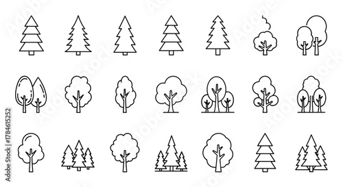 Collection of simple, linear, outline vector illustrations of various trees, including pine trees and deciduous trees, perfect for web, books, cards, and apps, with editable stroke for customization