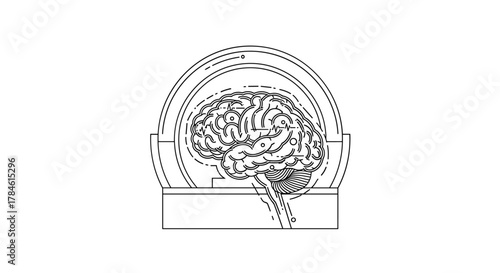 Abstract line art illustration of a brain scan icon, symbolizing mental health, medical science, and electrical brain activity. This thin linear sign features a detailed outline of the human brain