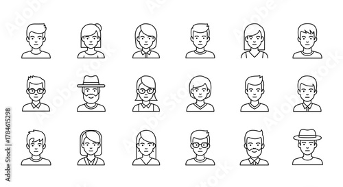 Diverse collection of flat line art avatar icons, showcasing a variety of male and female characters with different hairstyles, facial features, and accessories like glasses and hats, perfect for