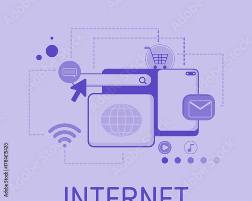 A collage of internet icons—including search, messaging, shopping, email, media, and Wi-Fi—representing online communication, browsing, and digital connectivity.
