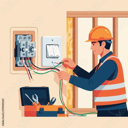 An electrician carefully works on electrical wiring, connecting cables to a circuit breaker while wearing a safety helmet and vest, ensuring a safe installation.