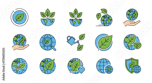 Collection of vibrant, flat design icons representing environmental concepts, including a leaf within a circle, sprouting plants on a globe, a hand holding the Earth, a magnifying glass examining a
