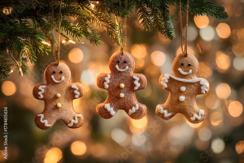 Three gingerbread cookies hang on a Christmas tree branch with warm bokeh lights.