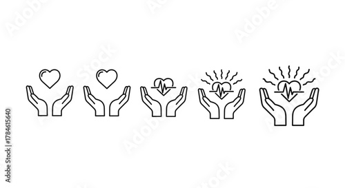 Set of five linear icons depicting hands holding a heart, progressing from a simple heart to a heart with a pulse line and radiating energy, symbolizing care, health, and vitality, presented on a