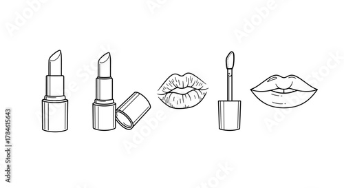 Vector outline illustration of a set of lipsticks and lips, including a closed lipstick, an open lipstick with cap, a lip gloss applicator, and two pairs of lips, suitable for graphic and web design