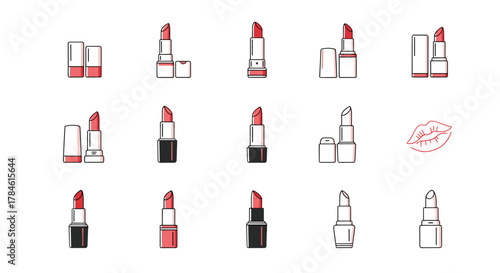 Collection of minimalistic lipstick icons and symbols in a cartoon style, perfect for web design, graphic design, mobile applications, banners, social media, and greeting cards. This vector