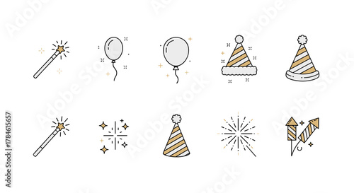 A collection of minimalistic linear illustrations for celebrations, featuring icons of a magic wand, balloons, holiday hats, sparkling elements, and fireworks, perfect for graphic design projects and