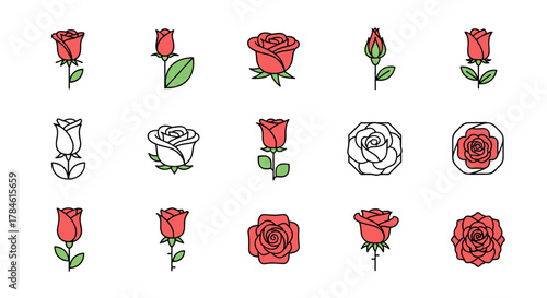 A collection of fifteen minimalist rose flower icons in a vector cartoon illustration style, featuring various stages of bloom and different artistic interpretations, presented on a clean white