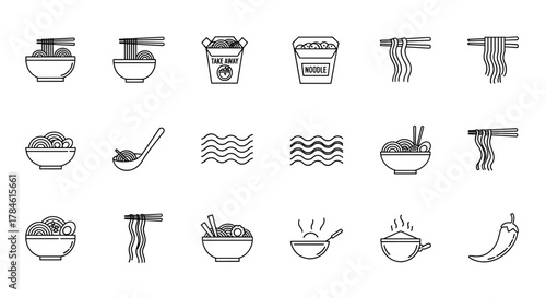 Noodle Line Icon Pack: A minimalistic collection of linear pictograms representing various noodle dishes, bowls, chopsticks, and takeaway containers, perfect for web, graphic design, apps, banners