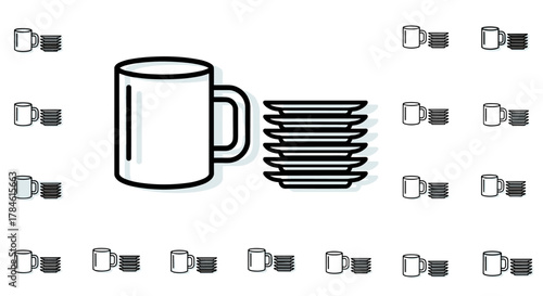Minimalistic linear sign of a mug with a stack of plates, presented in a cartoon illustration style, perfect for web and graphic design, apps, banners, social networks, and cards. This vector graphic