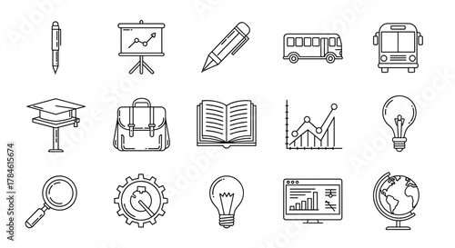 Minimalistic linear pictogram icon set featuring a pen, presentation board with graph, pencil, school bag, open book, magnifying glass, gear, light bulb, computer screen with charts, and globe