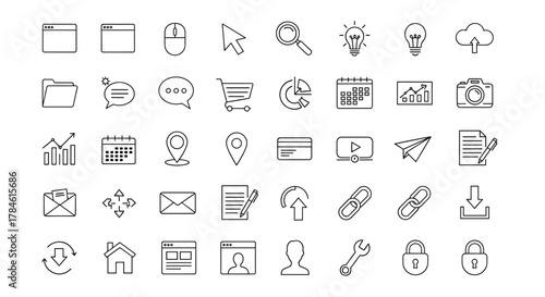 A comprehensive collection of 42 web page-related line icons, presented as outline signs perfect for graphic and web design, apps, adverts, and various cards. This vector cartoon illustration