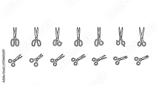 A collection of minimalistic, cartoon-style line art illustrations of various scissors, presented on a clean white background, perfect for web design, graphic design, app icons, banners, social