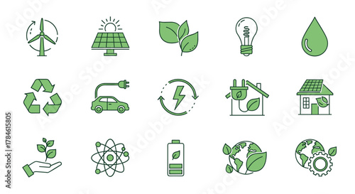 Vivid green energy icon set featuring a collection of renewable energy, ecology, and green electricity symbols, including wind turbine, solar panel, leaves, lightbulb, water drop, recycling, electric