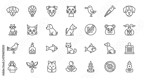 Pet-friendly icon set featuring dogs, cats, birds, fish, and more, presented as a clean, ordered line icon set on a white background, ideal for pet-related services and applications, avoiding text