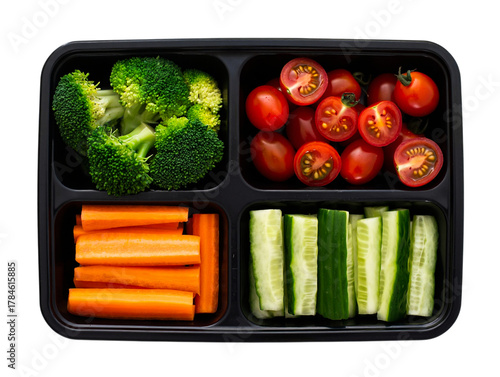 Fotografie Black lunch box with raw vegetable snacks transparent background
