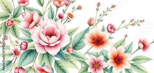 Intricate botanical illustration, delicate watercolor blooms and leaves in a repeating pattern,  nature,  postcard