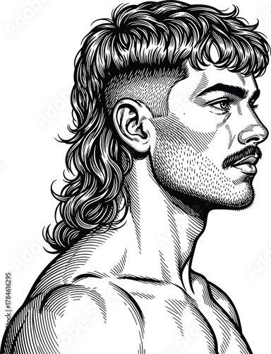 Man with mullet hairstyle drawing illustration black and white portrait eps silhouette