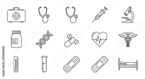A comprehensive set of thin, editable stroke medical icons, perfect for web, books, cards, and apps, featuring a first aid kit, stethoscope, syringe, microscope, DNA, pills, heart monitor, caduceus