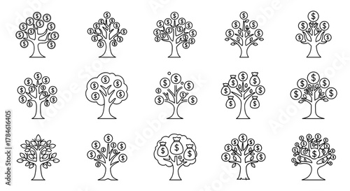 Collection of outline illustrations of money trees, symbolizing financial growth and wealth. Each tree features dollar signs or money bags as fruit, presented in a clean, editable stroke style