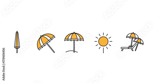 Collection of thin line icons representing beach essentials: a closed parasol, an open parasol, a sunshade on the sand, a bright sun, and a sun lounger with two parasols, perfect for web, books